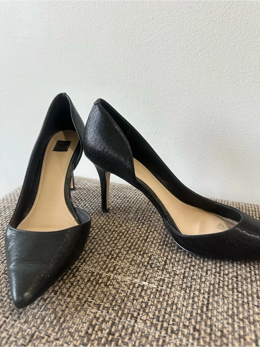 WHBM Ella Black Textured Pointed Toe D'Orsay Stiletto 3.5”Heels Size 9